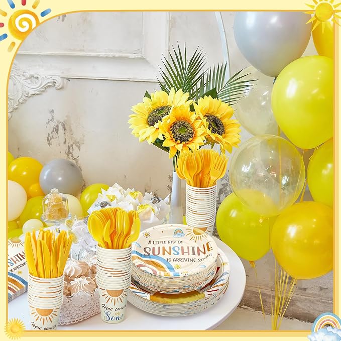 Dandat 350 Pcs Baby Shower Plates Set Baby Shower Party Supplies Serves 50 Tableware Sets Include Plates Napkin Cup Forks Knives Spoons Disposable Dinnerware(Son,Yellow)