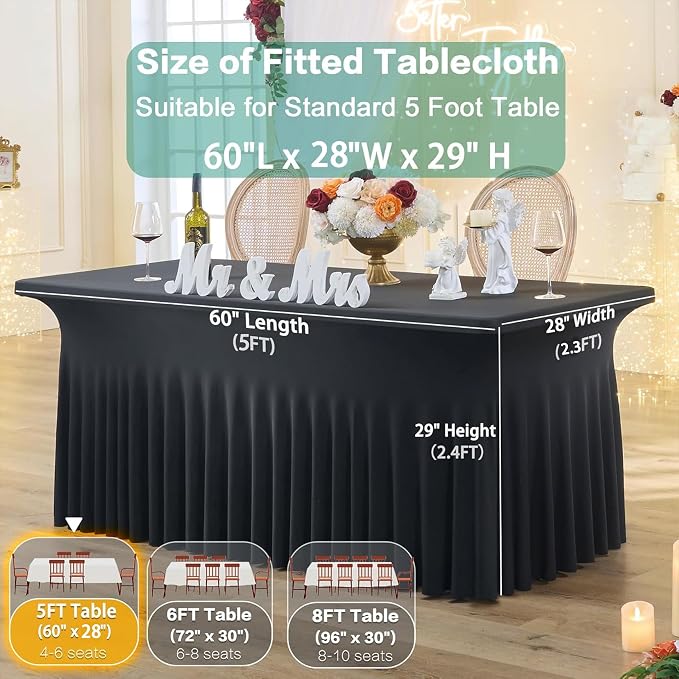 2 Pack Black Spandex Tablecloth for 5 Foot Rectangle Tables, Wrinkle Free Fitted Table Clothes Cover 5ft Stretchy Tablecloths with Skirt for Parties Weddings Birthday Banquet Baby Shower