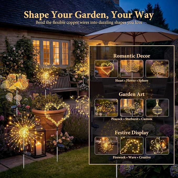 Solar Firework Light, 1 Pack 120 LEDs 8 Lighting Modes Twinkle Solar Garden Lights Outdoor Waterproof for Yard Patio Walkway Pathway Party Wedding Balcony Decorative- Warm White