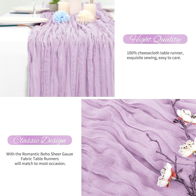 20 Pack Lavender Cheesecloth Table Runner 120 Inch 10FT Rustic Boho Gauze Cheese Cloth Table Runner for Wedding Party Baby Shower Thanksgiving Christmas Decoration