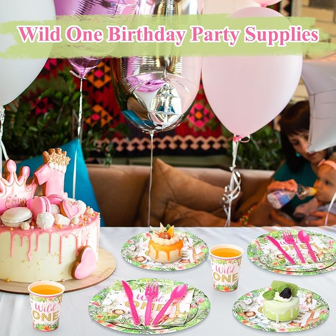 Funnymoom 400 Pcs Wild One Birthday Party Supplies for 50 Guests 1st First Safari Jungle Baby Shower Disposable Plate Napkin Cup Spoon Fork Knives for Girls Animal Party Decoration
