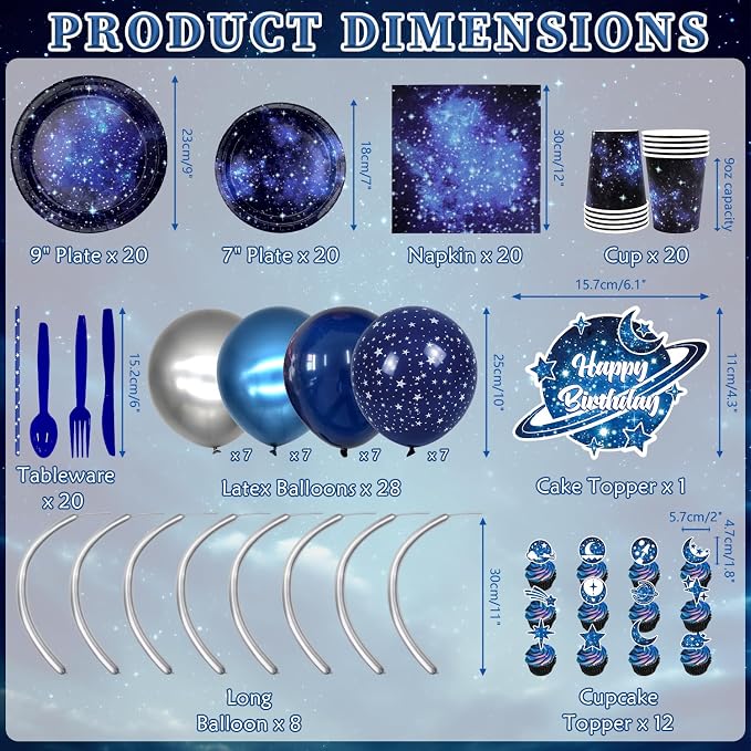 Space Galaxy Party Supplies, Includes Happy Birthday Banner, Plates, Cupcake Topper Napkins, Cups, Tablecloth, Balloons, for 20 Guests Galaxy Outer Space Theme Birthday Party Decoration