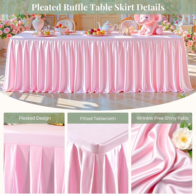Pink Satin Tablecloths Rectangle 8FT, Glitter Spandex Fitted Stretch Table Covers Wrinkle-Free Floor Length Shimmer Table Skirt for Weddings Parties Baby Shower Banquets Vendor Events