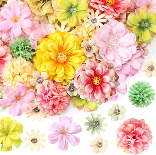 Cindeer 200 Pcs Fake Flower Heads for Crafts Mini Flower Heads Faux Rose Artificial Daisy Blossom Decorative Flowers for Home Bride Bridesmaid Wedding Centerpiece, 2-7 cm(Pink, Yellow, Green)