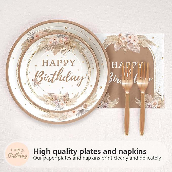Grencian 96PCS Boho Birthday Party Decorations Boho Birthday Plates and Napkins Disposable Bohemian Pampas Grass Floral Paper Tableware Set for Girls Women Happy Birth-day Party Supplies, Serves 24