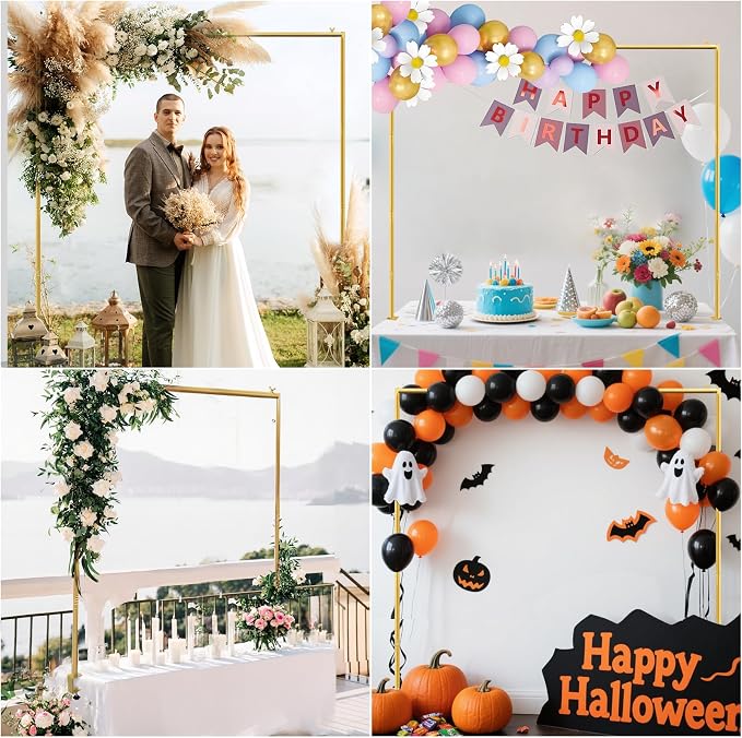 Square Backdrop Stand, Wedding Arch Heavy Duty Adjustable Stand, Over The Table Rod Stand with Clamps, Metal Gold Garden Balloon Frame for Baby Shower Party Decoration