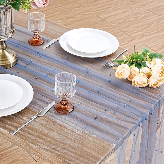 6 Pack Pearl Tulle Table Runner 29x120 Inch Boho Gauze Table Runner Rustic Cheese Cloth Long Table Runner Romantic Runners for Wedding Bridal Shower Birthday Party Table Decor (Dusty Blue)