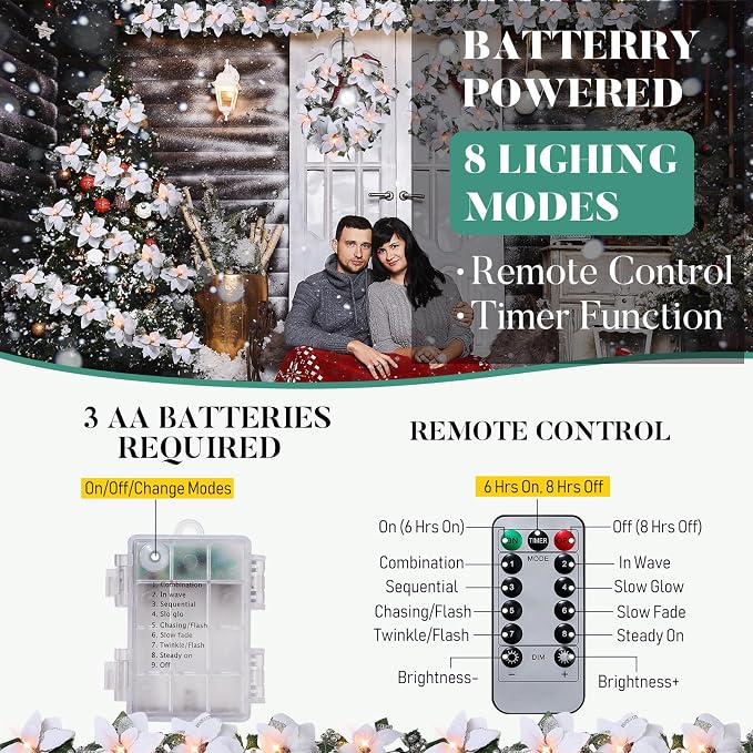 Zubebe 2 Pcs Prelit Poinsettia Christmas Garland with String Lights Glitter Holly Leaves Berries Remote Timer 8 Modes 6.5 ft Lighted Flower Garland Battery Operated Indoor Outdoor Decor(White)