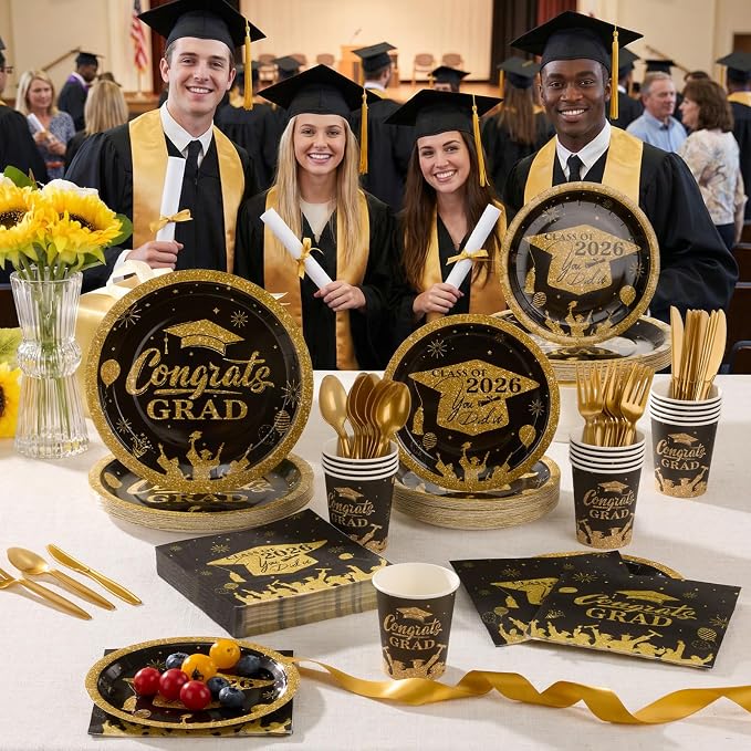Goodluck Black & Gold 2026 Congrats Grad Disposable Tableware Sets, 175 PCS Graduation Party Supplies Include 9" & 7" Disposable Graduation Paper Plates, 9oz Cups, Napkins & Cutlery for 25 Guests
