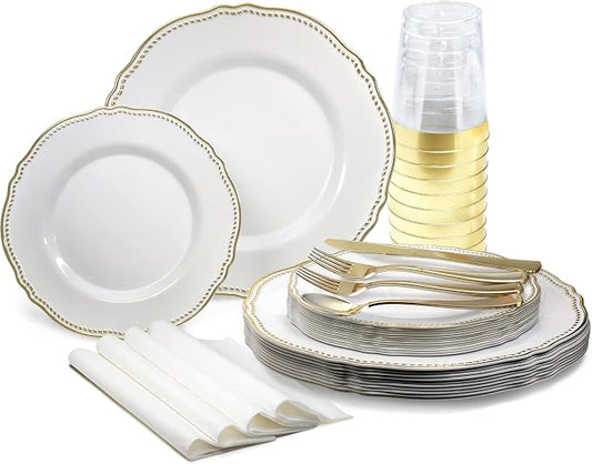 " OCCASIONS " 200pcs set (25 Guest)-Wedding Disposable Plastic Plates & cutlery - 10.25'', 7.5'' +paper napkins, Gold rim cups & Silverware (Rochelle White and Gold)