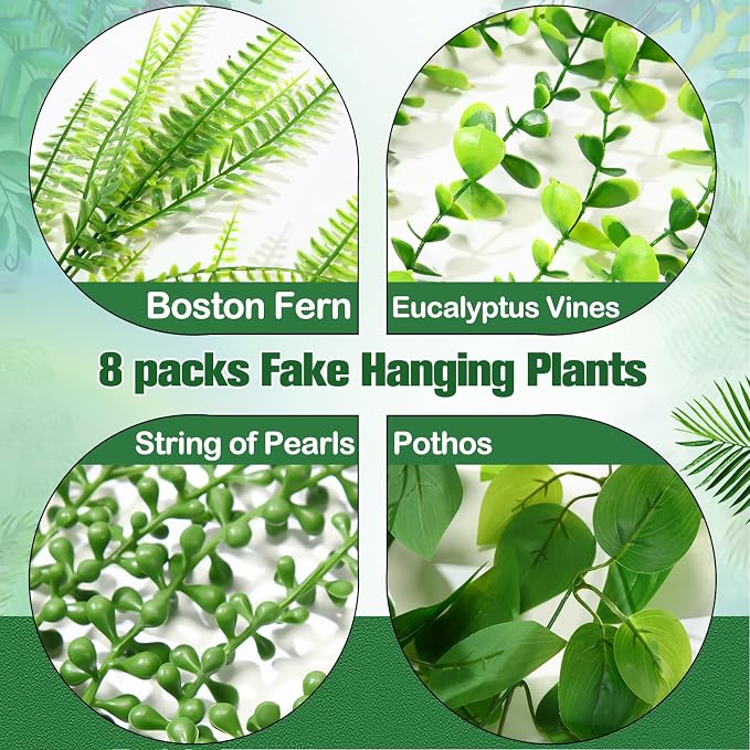 Daifunli 8 Pcs Artificial Hanging Plants Fake Hanging Ferns Plastic Faux Plants for Wall Room Garden Garland Indoor Outdoor Decor No Basket (Boston,Eucalyptus,Ivy Vine,String of Pearls)