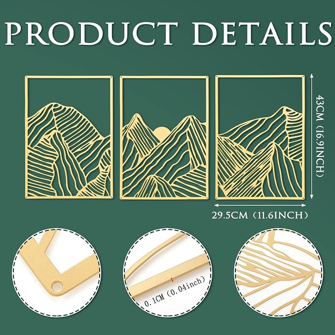 Peryiter 3 Pcs Metal Wall Art Decor Landscape Mountain Wall Hanging Decor for Living Room Abstract Minimalist Modern Mountain Line Pictures Bathroom Office Home Gifts Indoor(Gold)