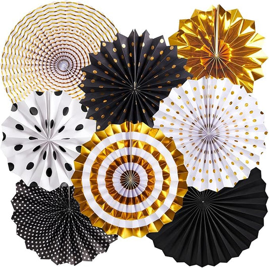 Black and Gold Decorations, Hanging Honeycomb Paper Pompoms Fan for Graduation Birthday Wedding Photo Backdrop Prom Night New Years Black and Gold Party Decorations, Set of 8