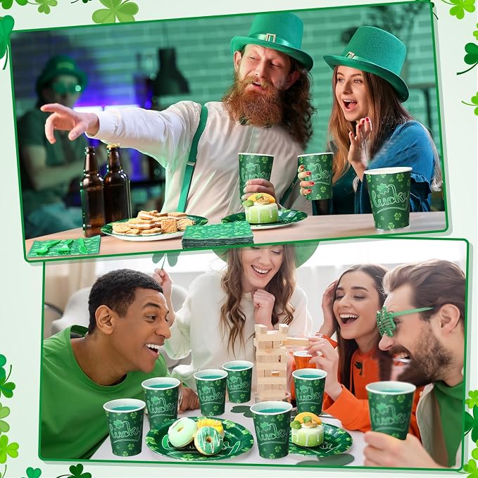 Pickmesh 400 Pcs St Patrick's Day Party Decorations, Shamrock Paper Plates Napkins Cups and Plastic Cutlery Set, Lucky Clover Green Disposable Tableware for Irish Party Supplies, Serve 50 Guests