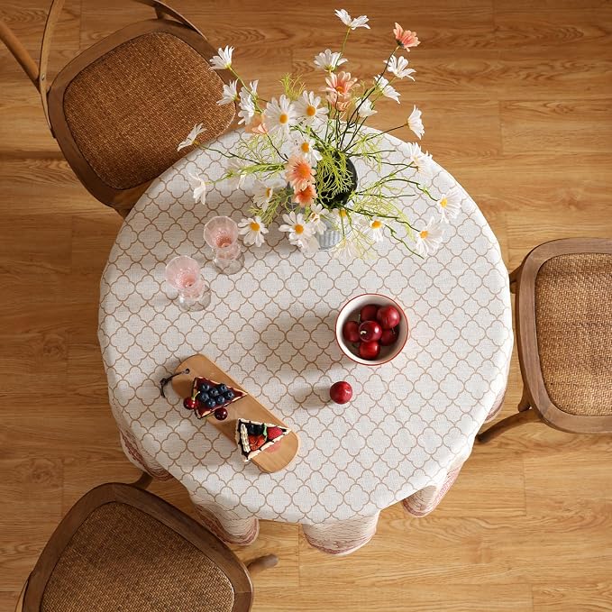 ISAENNE Designer Linen Round Tablecloth,Diameter 67"-Chamonix A | Vintage Elegant Plaid Print Beautiful Heavy Table Cloth,Chinoiserie,Dining Room,Tea Party,Kitchen,Thanksgiving,Decor