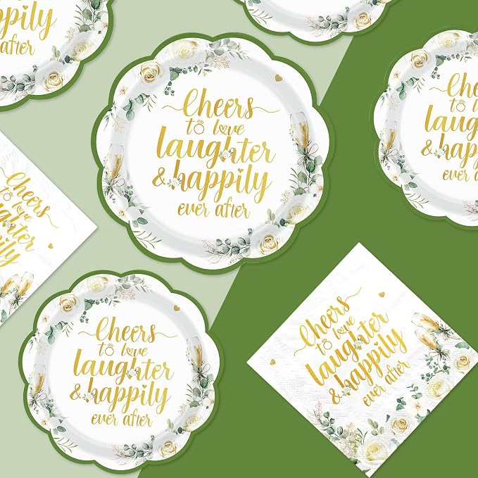 250Pcs Eucalyptus Leaves Bridal Shower Party Supplies Sage Green Cheers to Love Laughter and Happily Ever After Plates and Napkins for Wedding Engagement Party Decorations Serve 50