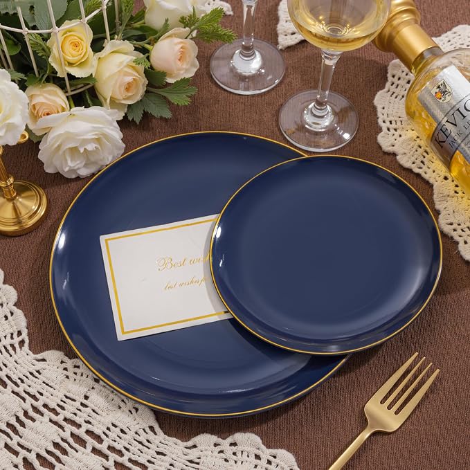 bUCLA 200PCS Blue Plastic Plates - Navy Blue Disposable with Gold Rim Include 100 Each (10 inch Dinner & 7 inch Dessert) Plates, Ideal for Party & 4th of July