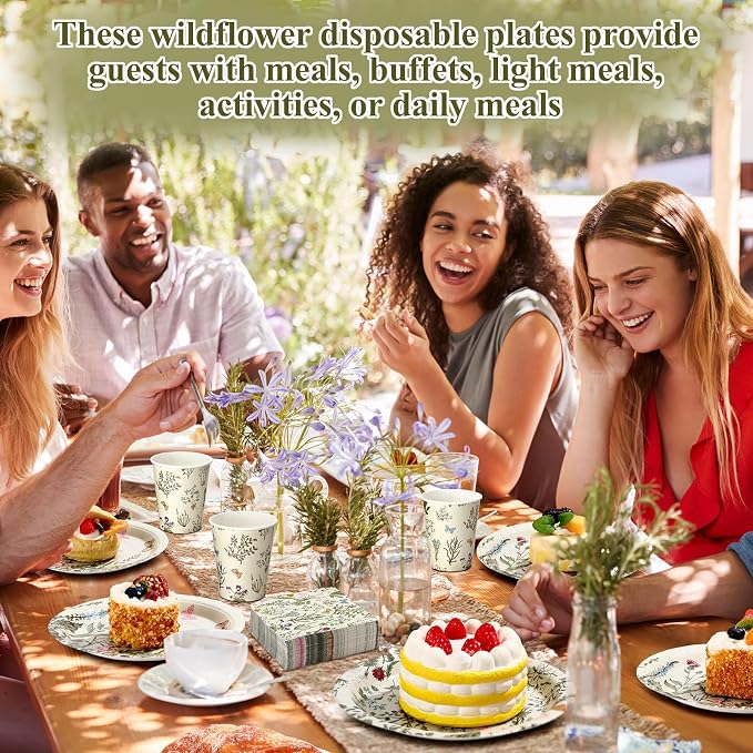 Ziliny 250 Pcs Wildflower Party Decorations Include Spring Summer Floral Paper Plates Napkins and Cups for Wildflower Baby Shower Tea Decorations, Serve 50 Guest(Light Green,Vintage Style)