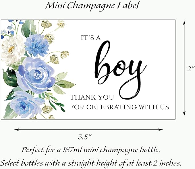 It’s a Boy Mini Champagne Bottle Labels ● Set of 12 ● She’s Ready to POP Baby Shower Favor Label, About to POP Thank You Favors, Blue Boy Baby Shower Gender Reveal Waterproof (Blooms)