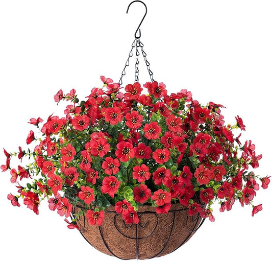 Ammyoo Artificial Faux Hanging Plants Flowers Basket for Spring Outdoor Decoration, Fake Silk Daisy UV Resistant Look Real with Eucalyptus Leaves Summer Outside Decor for Home Patio Garden