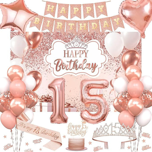 15th Birthday Decorations for Girls, 52pcs Sweet Rose Gold Happy 15 Birthday Decorations Including 15th Rose Gold Crown, Sash, Banner, Background for 15 Party Decorations Set