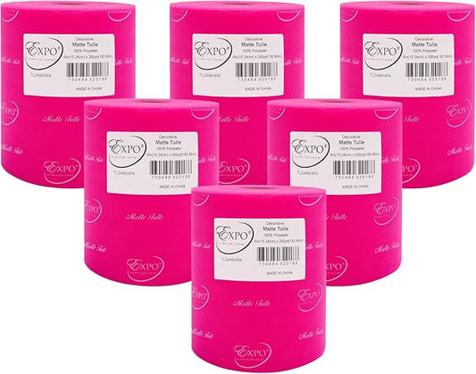 Expo International Decorative Matte Tulle, Roll/Spool of 6” X 200 Yards, Lightweight Polyester Tulle Fabric for Tutus, Costumes, and Party Decorations, Washable, Easy-to-Use, Pack of 6, Hot Pink