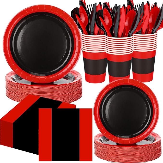 400 Pcs Red and Black Party Supplies for 50 Guests, Red and Black Paper Plates Cups Napkins Cutlery Disposable Tableware Set for Birthday Graduation Wedding Party Decoration