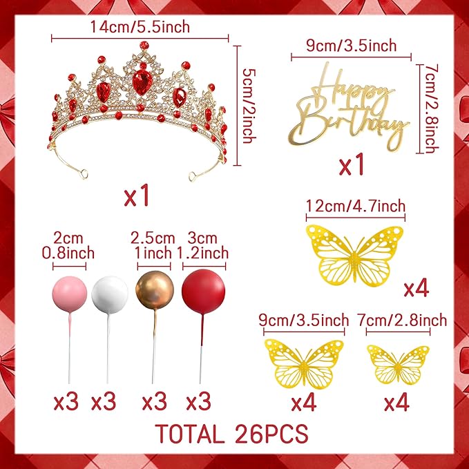 Red Queen Crown Cake Topper Gold Crown Birthday Decorations Butterfly Sign Gold Balls Cake Decorations Birthday Party Bridal Shower Decor