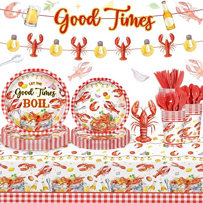170PCS Crawfish Boil Party Decorations Crayfish Crab Seafood Shrimp Theme Party Supplies Watercolor Lobster Plates Cups Napkins Tableware for Summer BBQ Picnic 24 Guests