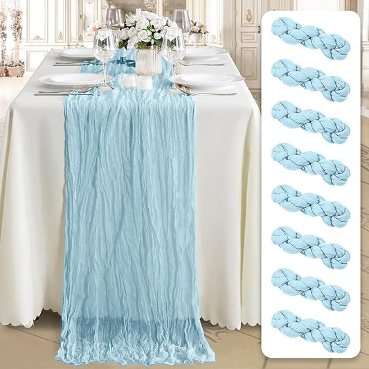 Cheesecloth Table Runner 8 Pack – 35x120 Inch (10ft) Boho Rustic Gauze Cloth Runners – Crinkle Polyester Table Decor for Wedding, Baby Shower, Bridal Shower, Birthday Party and More (Sky Blue)