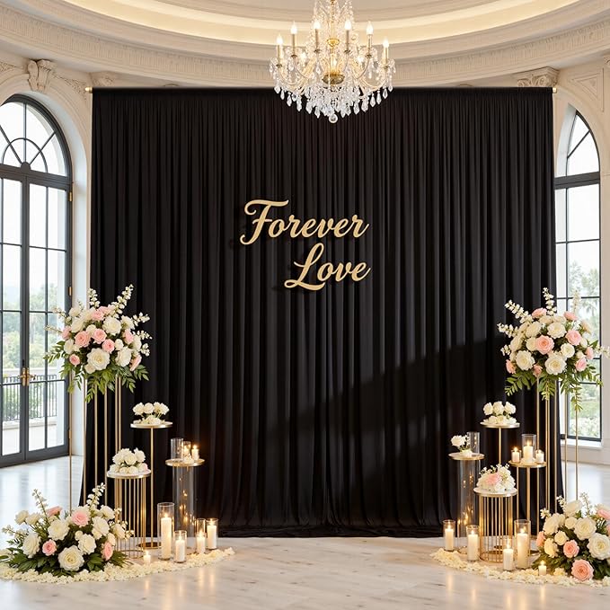 20ftx12ft Wrinkle Free Black Backdrop Curtain, 4 Panels 12FT Height Black Drapes for Wedding, Silky Polyester Photo Back Drop Cloth Draping for Birthday Party Photography Background