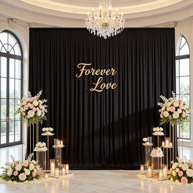 10ftx12ft Wrinkle Free Black Backdrop Curtain, 2 Panels 12FT Height Black Drapes for Wedding, Silky Polyester Photo Back Drop Cloth Draping for Birthday Party Photography Background