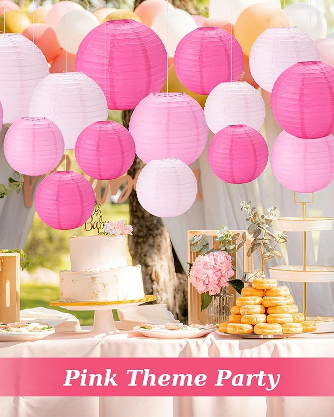 Treela 48 Pcs Paper Lanterns Party Decorations Chinese Round Paper Decor 4/6/8/10 Inch Asian Hanging Lamps Decorative for Graduate Wedding Birthday Party Bridal Parties Supplies(Pink Series)