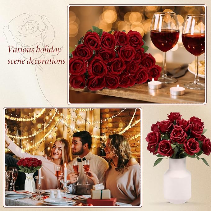 Hotop 20 Pcs Artificial Rose Flowers with Long Stem, Real Lifelike Silk Realistic Plastic Bouquet Roses Bulk for Home Decor Bridal Wedding Party Table Centerpieces Decorations(Wine Red)
