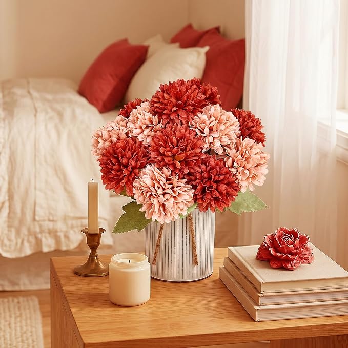 Pre-Made Flower Table Centerpieces, Set of 6 Artificial Silk Chrysanthemum with Metal Vases for Wedding, Birthday Parties, Home Decoration (Terracotta, Set of 6 Floral Arrangement)