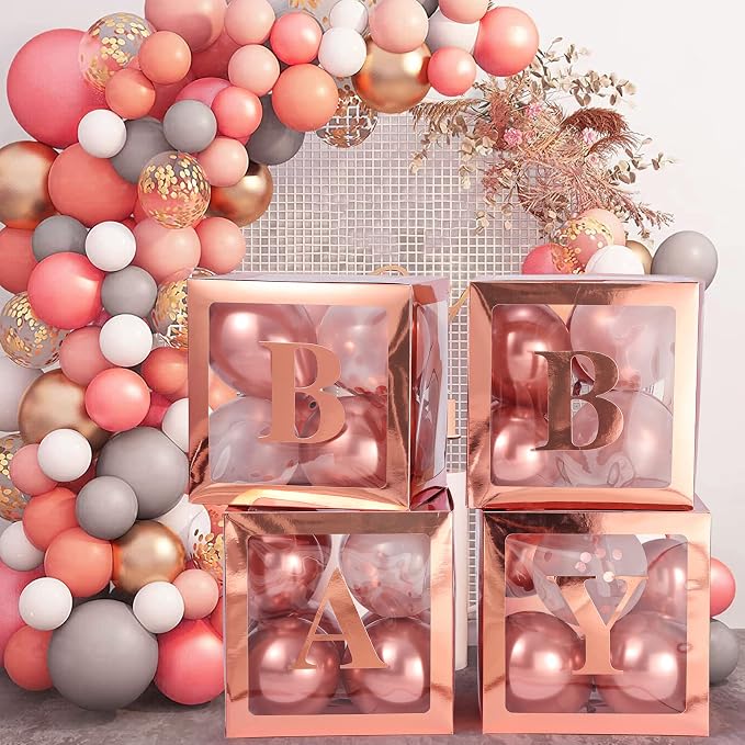 Valentine's Day Balloon Box with Letters Gift Box for Romantic Surprise Baby Boxes for Baby Shower, Gender Reveal Decorations with 4 Transparent Boxes for Baby Shower Decorations(Rose Gold)