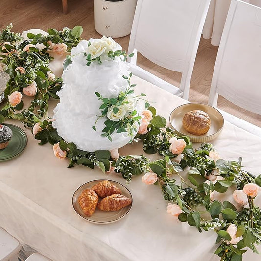 PONKING Flower Garland Artificial Rose Vine Flowers Hanging Fake Roses Vines for Wedding Birthday Party Valentines Christmas Room Wall Arch Decor, 2 Off White Floral Garland Decorations