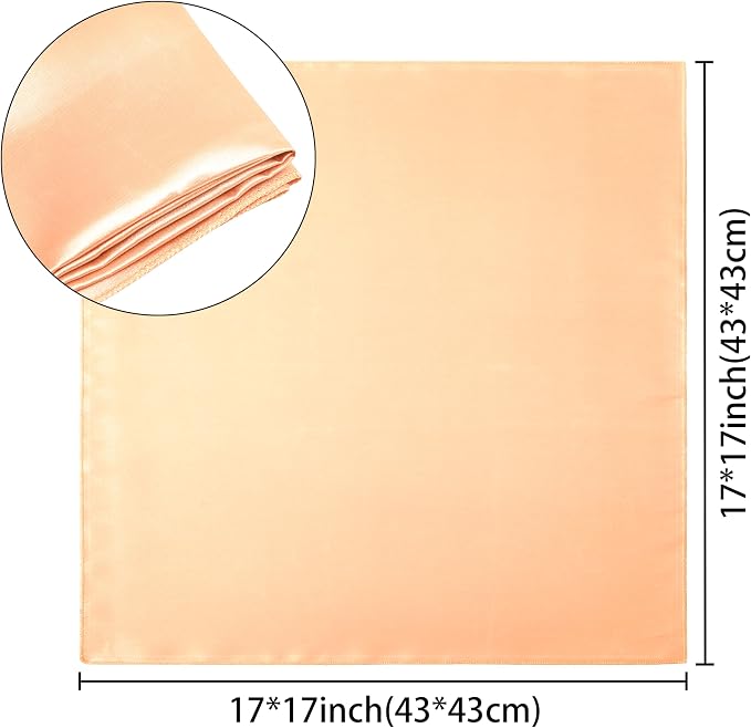 24 Pack Square Satin Dinner Napkins, 17x17 Inches Silky Soft Smooth Table Cloth Napkins for Restaurant Weddings Banquet Party Decoration, Peach