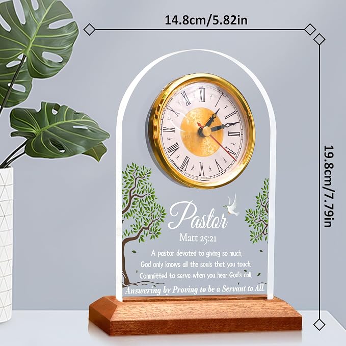 OkiyiD Pastor Appreciation Gifts, Pastor Gifts for Men Women, Light Up Quartz Clock with LED Wooden Base for Pastor Home Office Decor, Lighting Desk Table Clock,Thank You Presents for Pastor Preacher