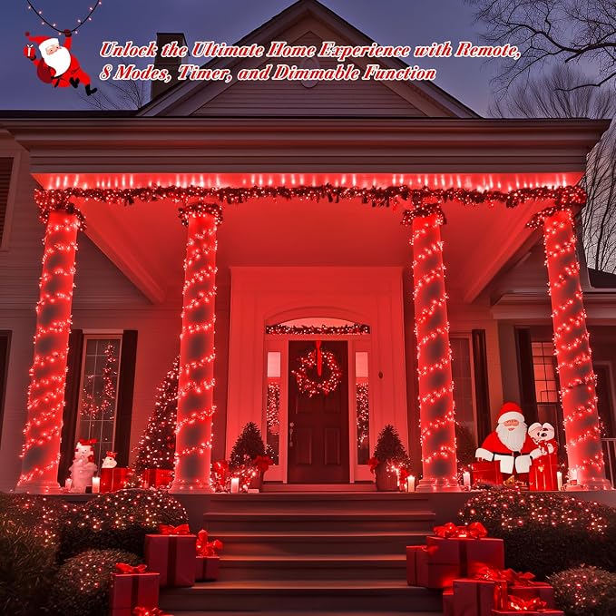 JMEXSUSS 400 LED Red Christmas Lights Indoor Outdoor, 132ft String Lights Plug in with Remote, 8 Modes Twinkle Fairy Light for Tree Room Bedroom Fireplace Patio Party Christmas Decor