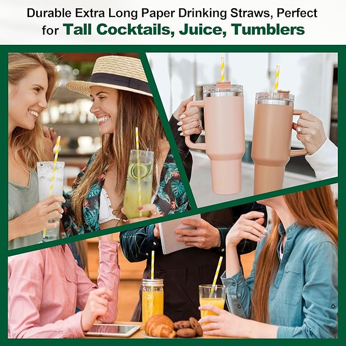 Yellow White Striped Paper Drinking Straws, 10.25 Inch Long, 0.24" Dia. - For Cocktail, Soda, Tall Bottles - 100 PCS