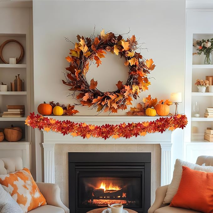 Fall Maple Leaves Garland Decorations,50Ft Glitter Tinsel Leaf Thanksgiving Decor for Tree Autumn Mantle Bedroom Office Classroom Party Indoor Outdoor Holiday Home Orange