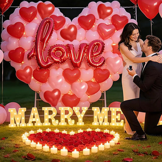 Marry Me Light up Letters Proposal Decorations,with 24 LED Candles Rose Petals Balloons, Romantic Night Light Sign Marquee Letters for Proposal Engagement Wedding Anniversary Valentine's Day Decor