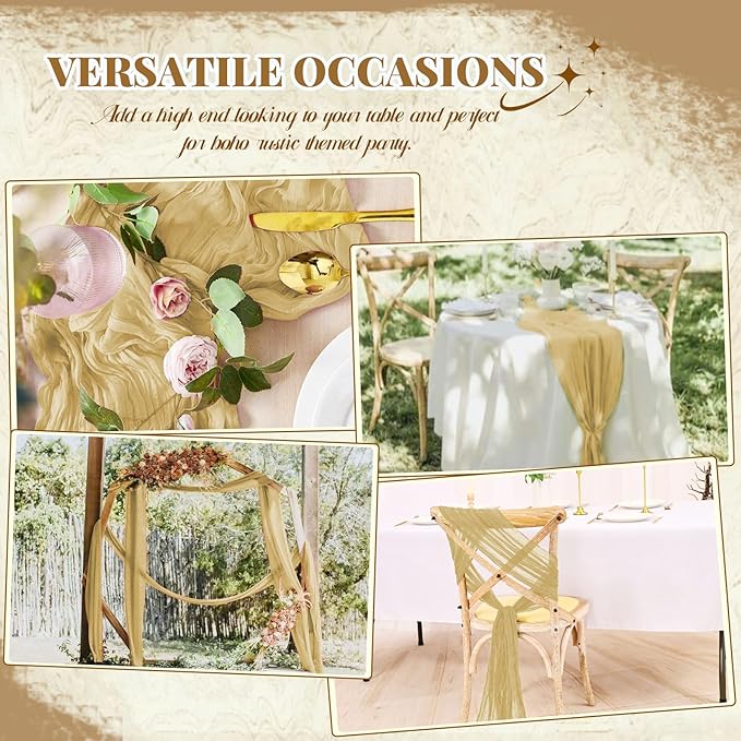 12 Pack Cheesecloth Table Runner,Beige Table Runner Long Romantic Semi Sheer Rustic Boho Gauze Table Runners for Wedding Bridal Shower Birthday Party Decorations(17.7×108 Inch)