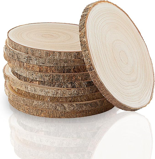 Set of (10) 9-10 Inches Wood Slices, Wood Centerpieces for Tables, Wood Slices for Centerpieces, Unfinished Wood Rounds for Rustic Wedding, Baby Shower, Party, Natural Paulownia Slabs