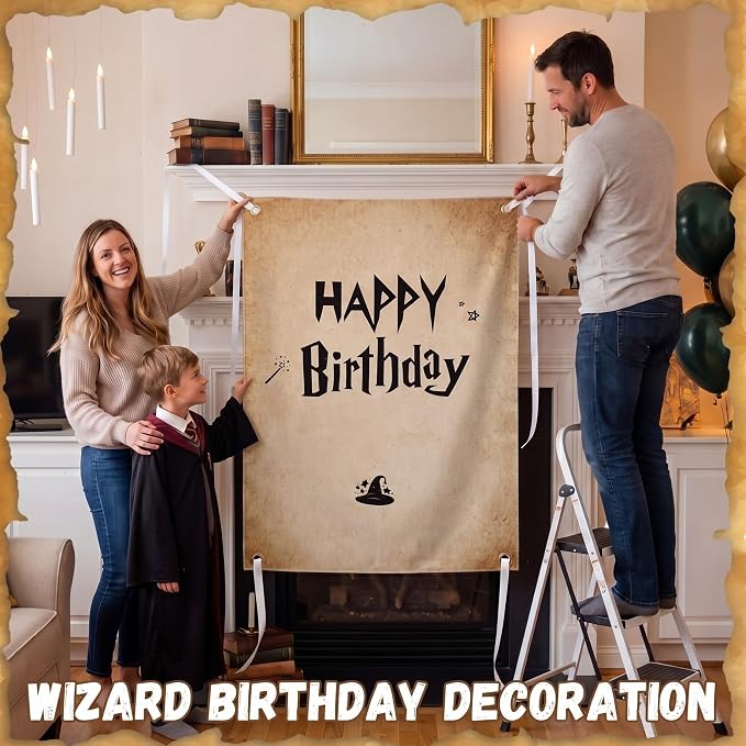 Oudain 29 x 39 Inch Magic Wizard Happy Birthday Banner, Vintage Burlap Birthday Backdrop Party Decorations, Rustic Boho Photo Props Sign with Hanging String for Halloween Wizard Magical Party Supplies