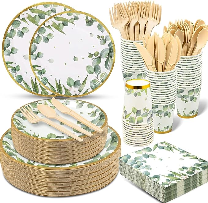 350 Pcs Sage Green Party Plates and Cups Sets,Disposable Paper Plates Cups Napkins Party Supplies,Eucalyptus Plates Dinnerware for Boho Bridal Shower/Baby Shower Theme,Serves 50