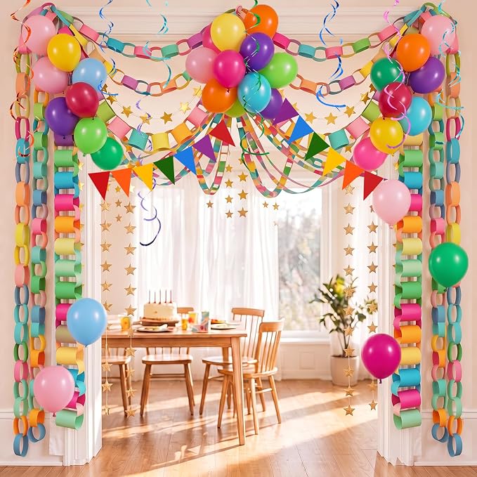 TaoBary Birthday Party Decor Kit 600 Sheet Paper Chain Garland Strips 656ft Crepe Paper 52ft Star Garland 52ft Felt Pennant Flag rainbow Ceiling Swirls 50 Balloons for DIY Birthday Wedding Party