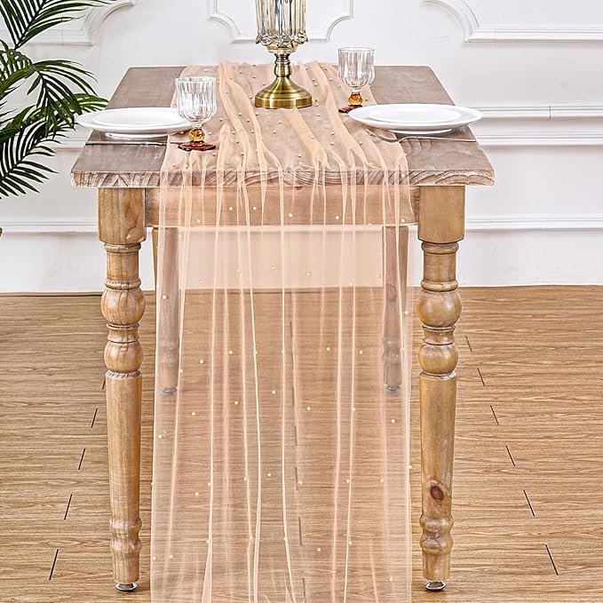 Pearl Table Runner Champagne Wedding Decorations: 12pcs Centerpieces Fall Pearl Mesh 29x120 Inch Tulle Chiffon Fabric for Birthday Party Dining Table Decor