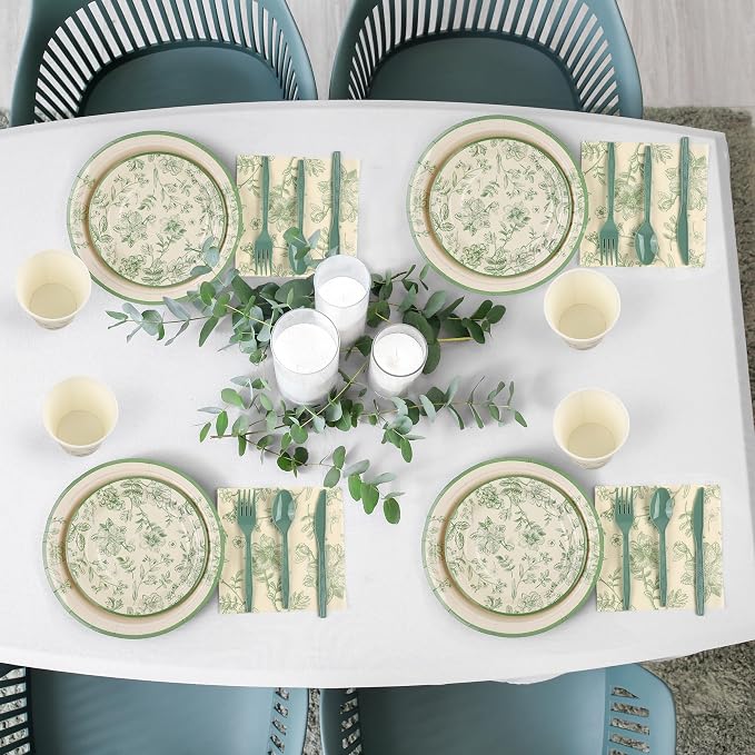 Kochorie 400 Pieces Sage Green Disposable Tableware Sets, Green and White Flower Party Supplies Set with Plates Cups Napkins Cutlery Serves 50 for Wedding Birthday Bridal Shower Party Decorations